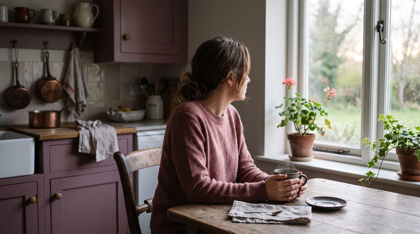 Femme assise seule à la table de la cuisine, le regard tourné vers la fenêtre